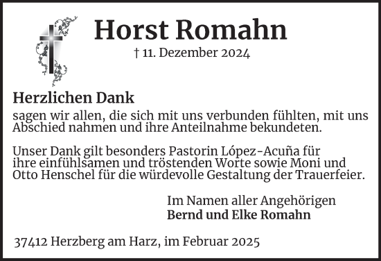 Traueranzeige von Horst Romahn von Harz Kurier