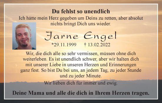 Traueranzeige von Jarne Engel von Harz Kurier