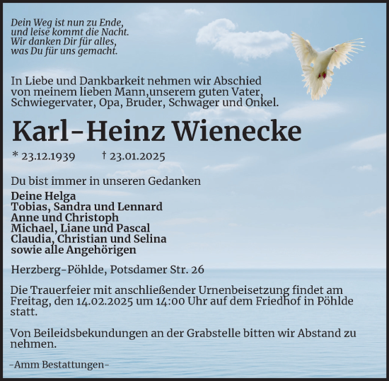Traueranzeige von Karl-Heinz Wienecke von Harz Kurier