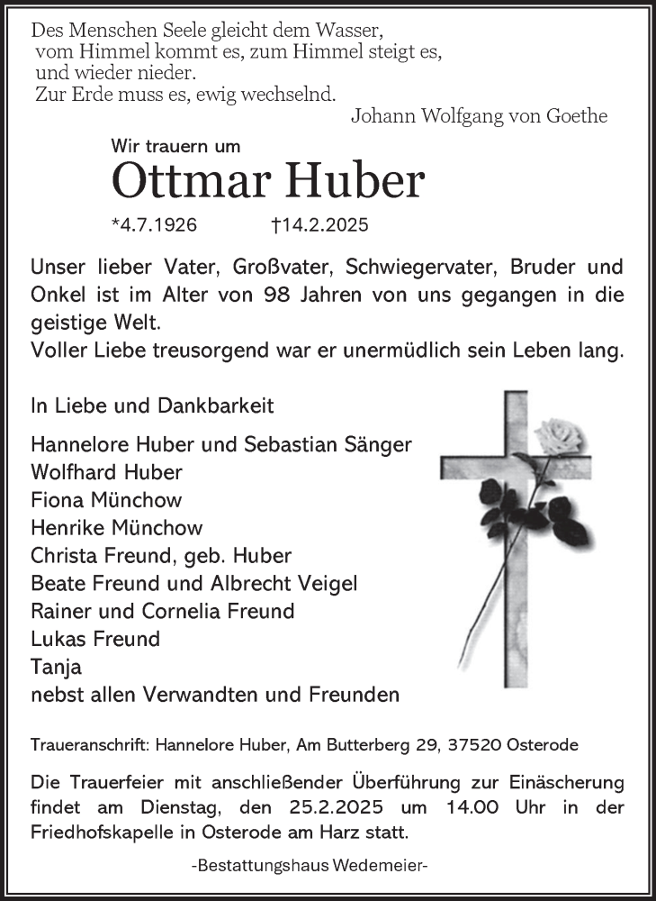 Traueranzeige für Ottmar Huber vom 22.02.2025 aus Harz Kurier