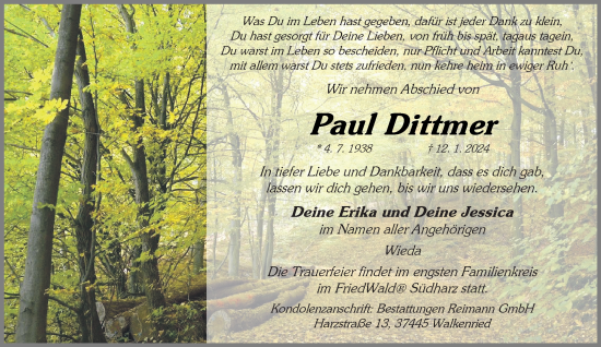 Traueranzeige von Paul Dittmer von Harz Kurier