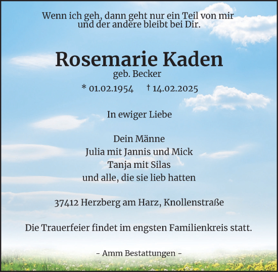 Traueranzeige von Rosemarie Kaden von Harz Kurier