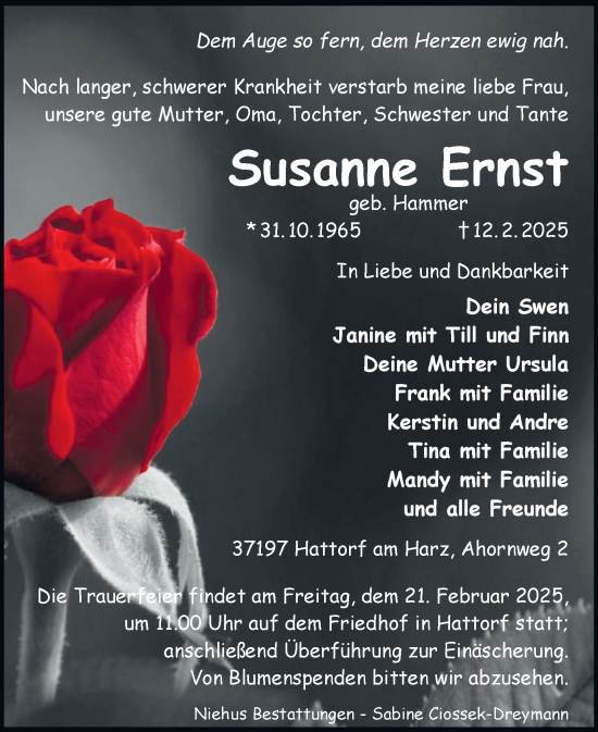 Traueranzeige von Susanne Ernst von Harz Kurier