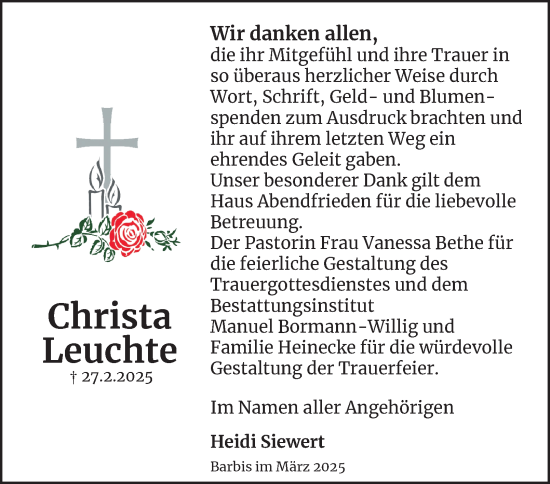 Traueranzeige von Christa Leuchte von Harz Kurier