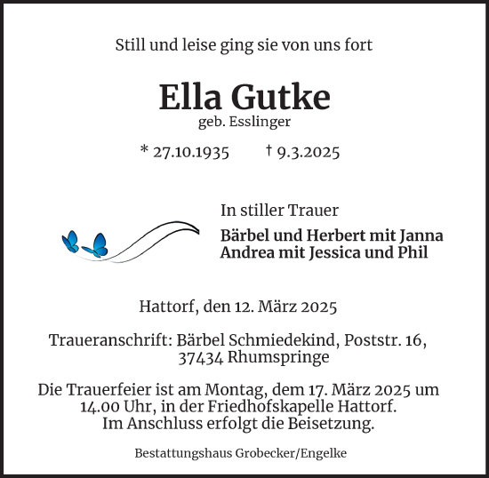 Traueranzeige von Ella Gutke von Harz Kurier