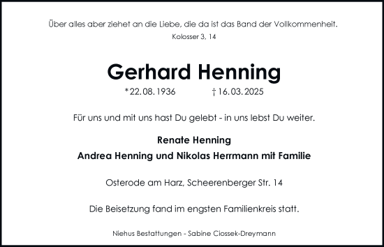 Traueranzeige von Gerhard Henning von Harz Kurier
