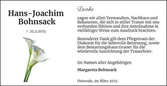Traueranzeige von Hans-Joachim Bohnsack von Harz Kurier