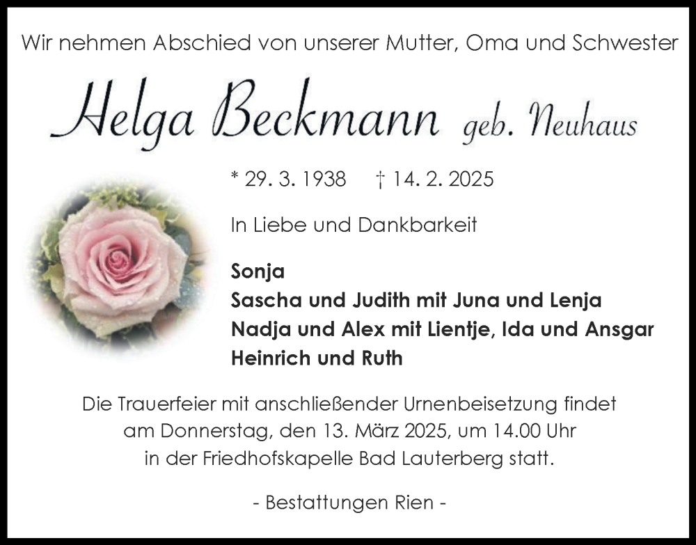  Traueranzeige für Helga Beckmann vom 01.03.2025 aus Harz Kurier