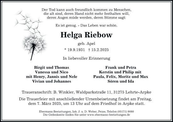 Traueranzeige von Helga Riebow von Harz Kurier