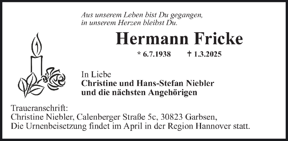  Traueranzeige für Hermann Fricke vom 11.03.2025 aus Harz Kurier