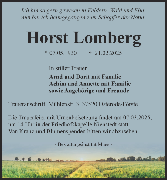 Traueranzeige von Horst Lomberg von Harz Kurier