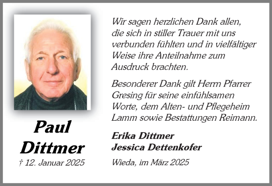 Traueranzeige von Paul Dittmer von Harz Kurier