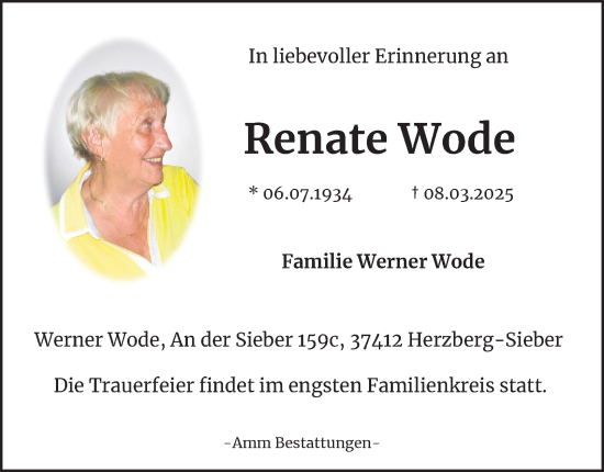 Traueranzeige von Renate Wode von Harz Kurier