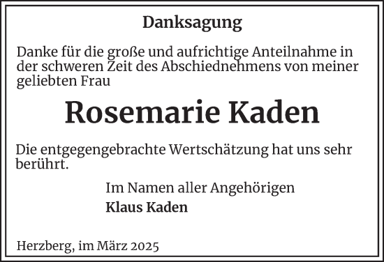 Traueranzeige von Rosemarie Kaden von Harz Kurier