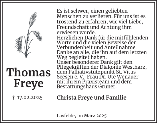 Traueranzeige von Thomas Freye von Harz Kurier