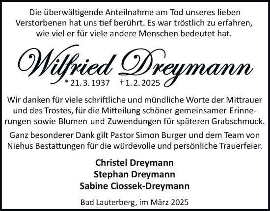 Traueranzeige von Wilfried Dreymann von Harz Kurier