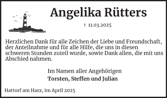Traueranzeige von Angelika Rütters von Harz Kurier