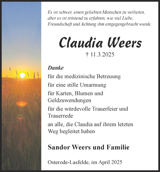 Traueranzeige von Claudia Weers von Harz Kurier