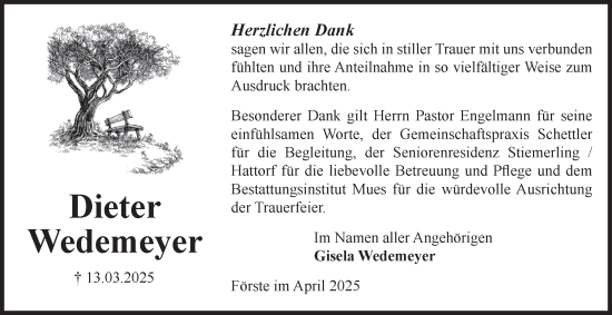 Traueranzeige von Dieter Wedemeyer von Harz Kurier