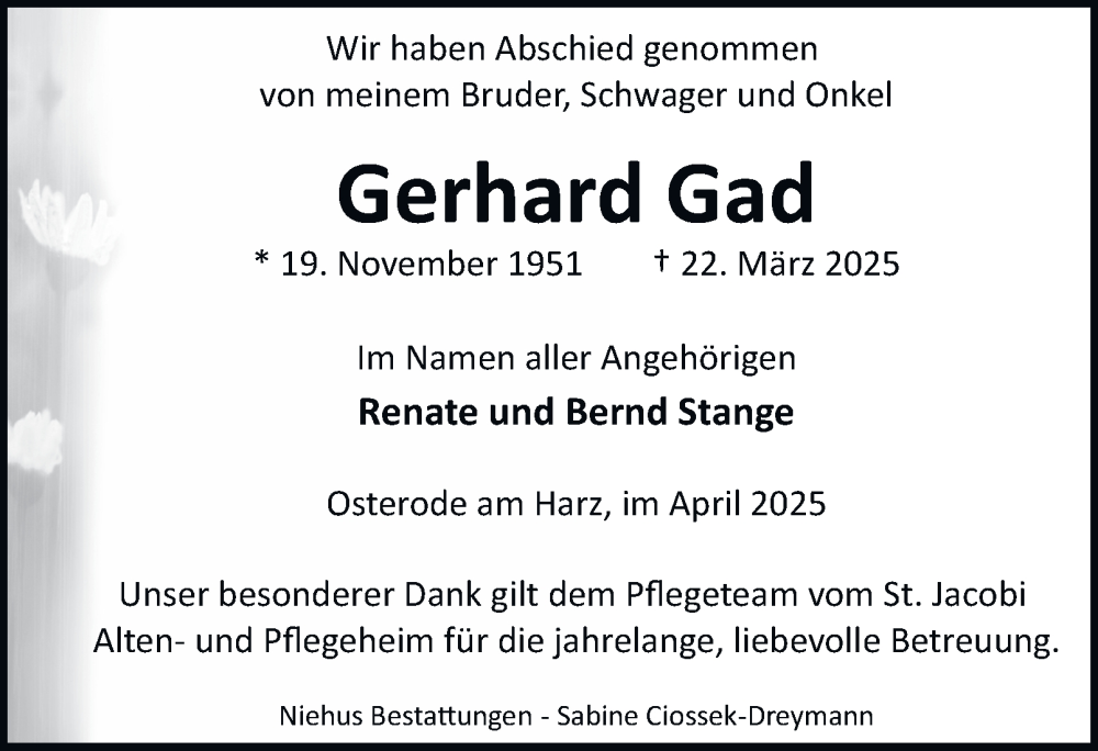  Traueranzeige für Gerhard Gad vom 26.04.2025 aus Harz Kurier