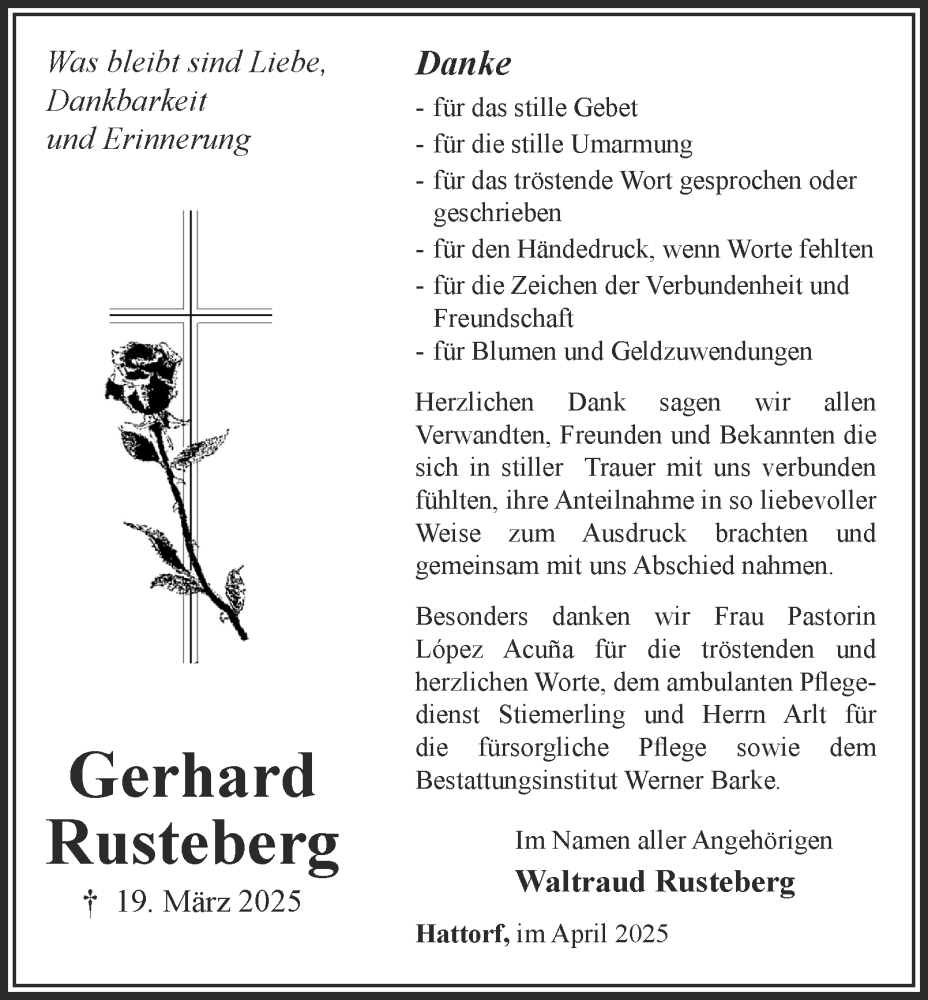  Traueranzeige für Gerhard Rusteberg vom 26.04.2025 aus Harz Kurier