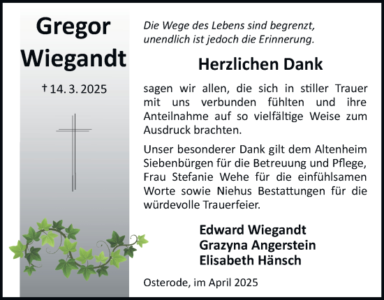 Traueranzeige von Gregor Wiegandt von Harz Kurier