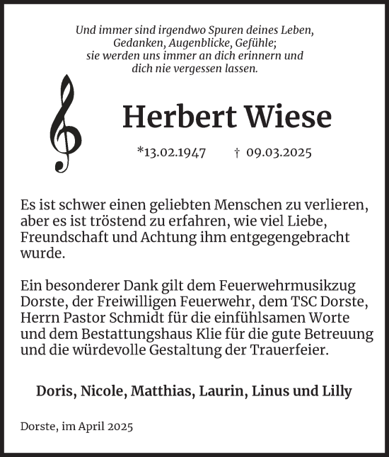 Traueranzeige von Herbert Wiese von Harz Kurier