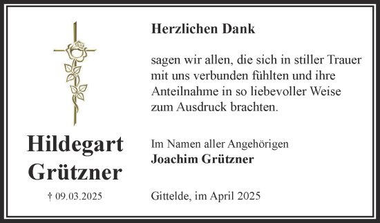 Traueranzeige von Hildegart Grützner von Harz Kurier