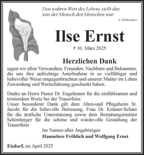 Traueranzeige von Ilse Ernst von Harz Kurier