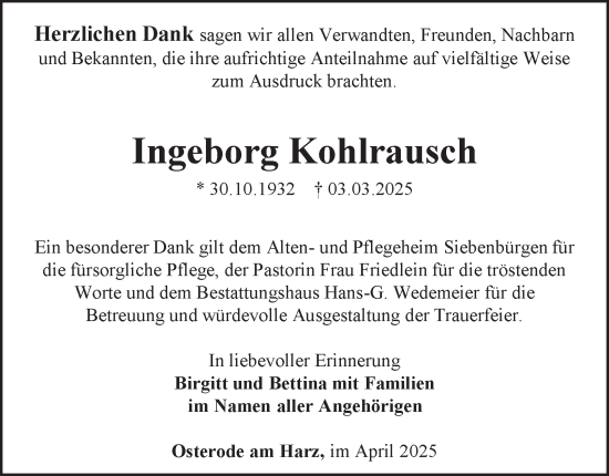 Traueranzeige von Ingeborg Kohlrausch von Harz Kurier