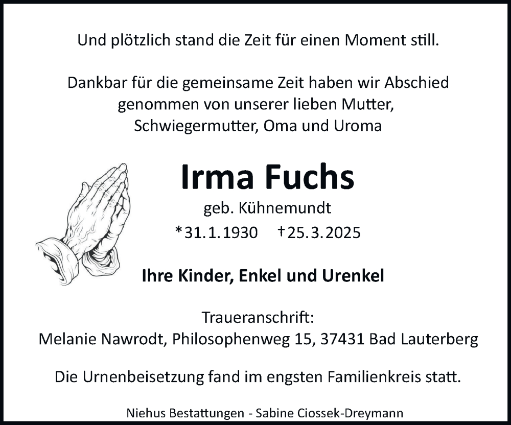  Traueranzeige für Irma Fuchs vom 19.04.2025 aus Harz Kurier