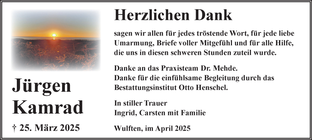 Traueranzeige für Jürgen Kamrad vom 26.04.2025 aus Harz Kurier