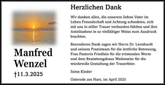 Traueranzeige von Manfred Wenzel von Harz Kurier