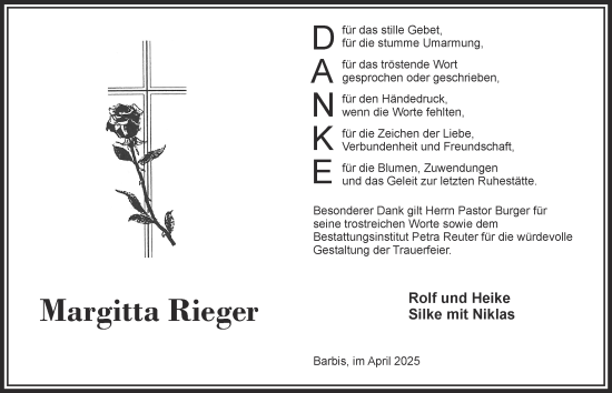 Traueranzeige von Margitta Rieger von Harz Kurier