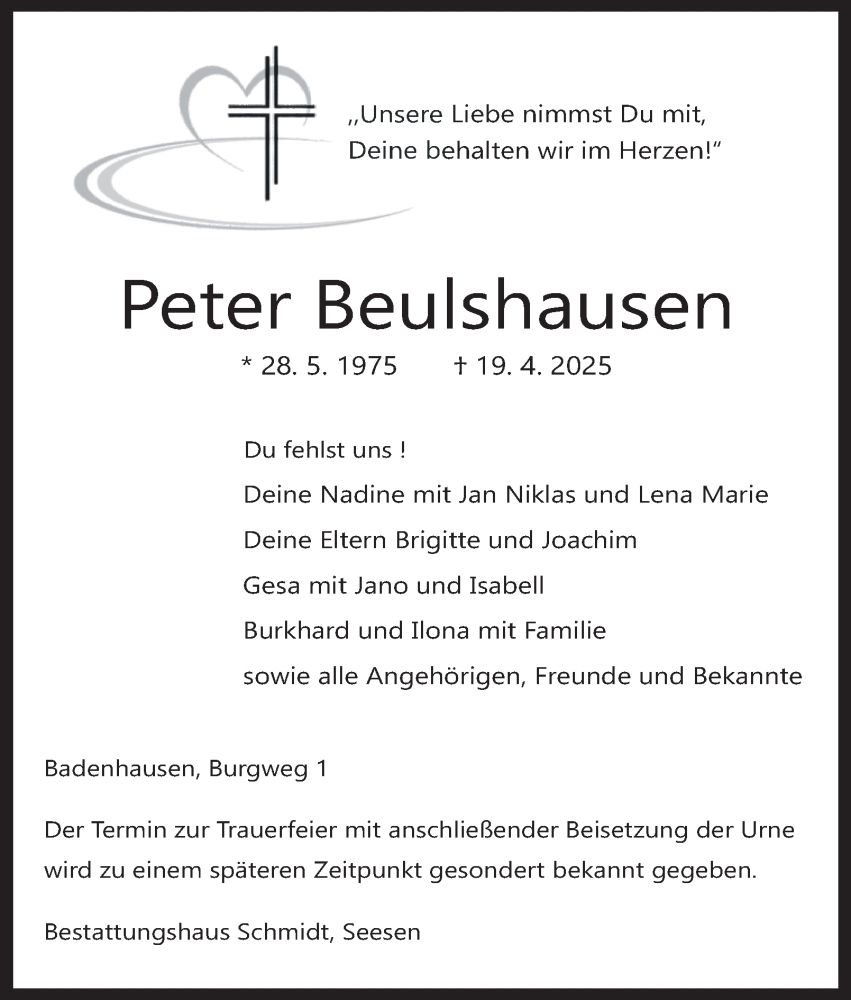  Traueranzeige für Peter Beulshausen vom 26.04.2025 aus Harz Kurier