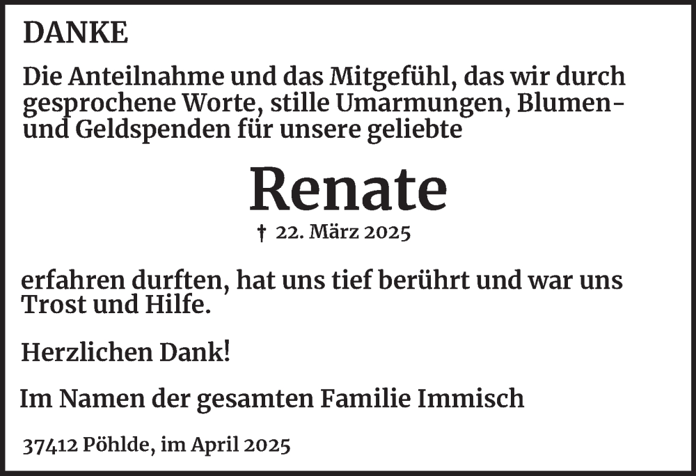  Traueranzeige für Renate Immisch vom 30.04.2025 aus Harz Kurier