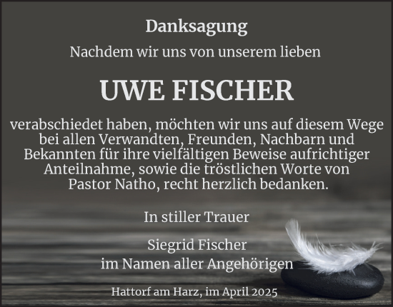 Traueranzeige von Uwe Fischer von Harz Kurier