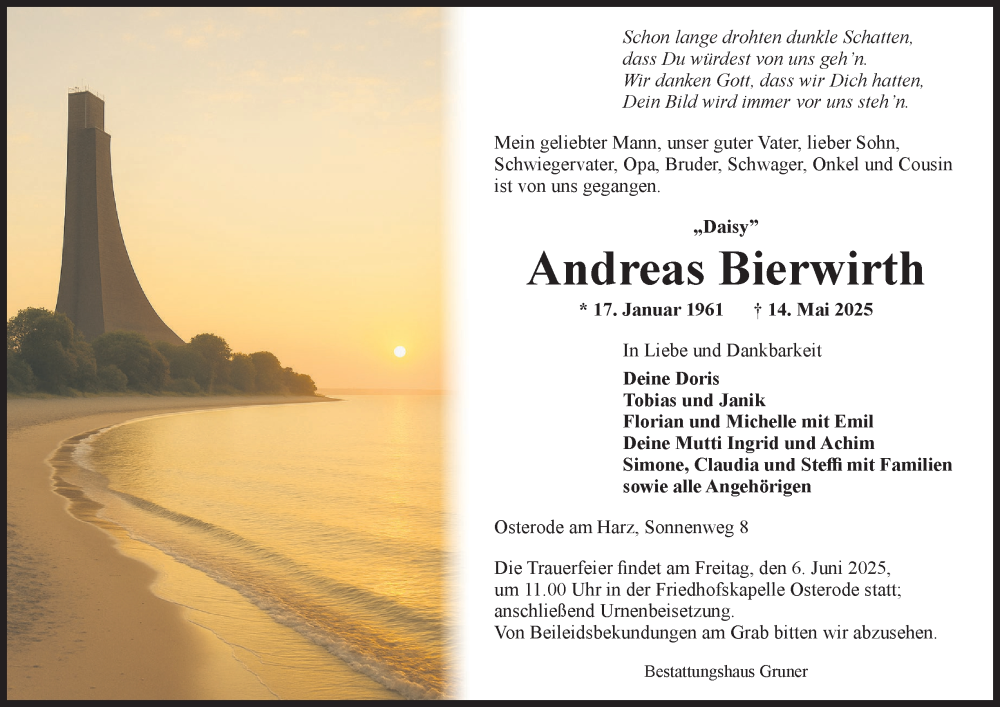  Traueranzeige für Andreas Bierwirth vom 31.05.2025 aus Harz Kurier