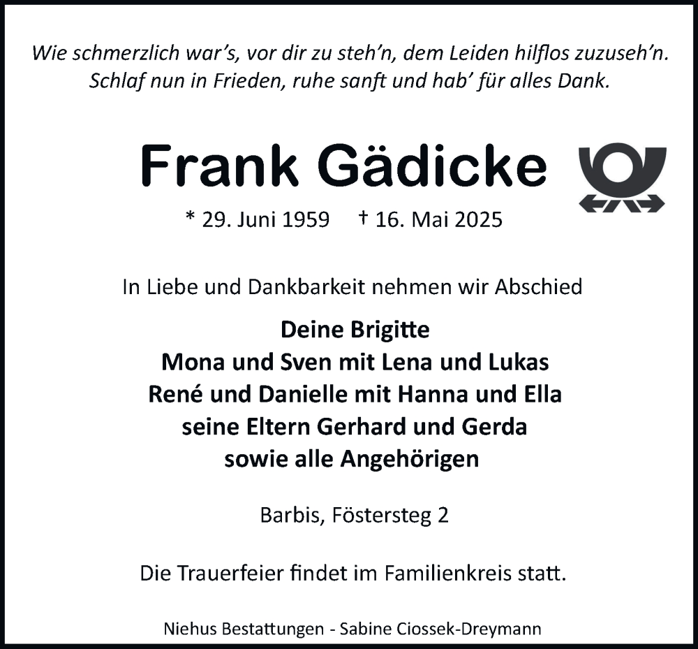  Traueranzeige für Frank Gädicke vom 24.05.2025 aus Harz Kurier