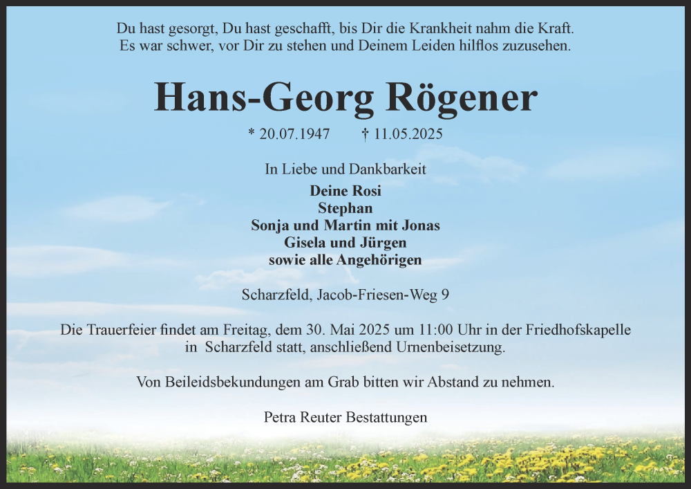  Traueranzeige für Hans-Georg Rögener vom 24.05.2025 aus Harz Kurier