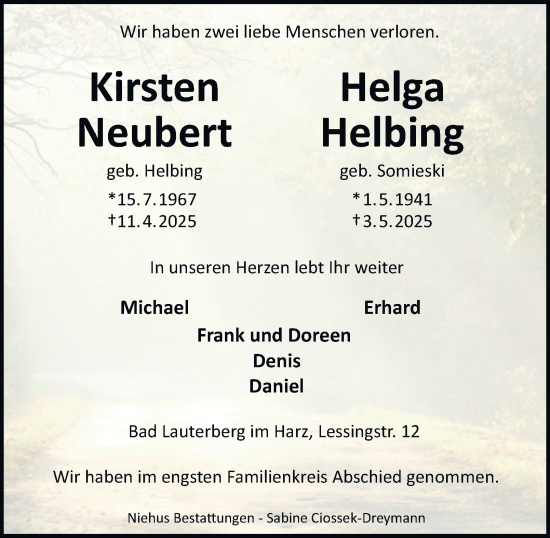 Traueranzeige von Kirsten und Helga  von Harz Kurier
