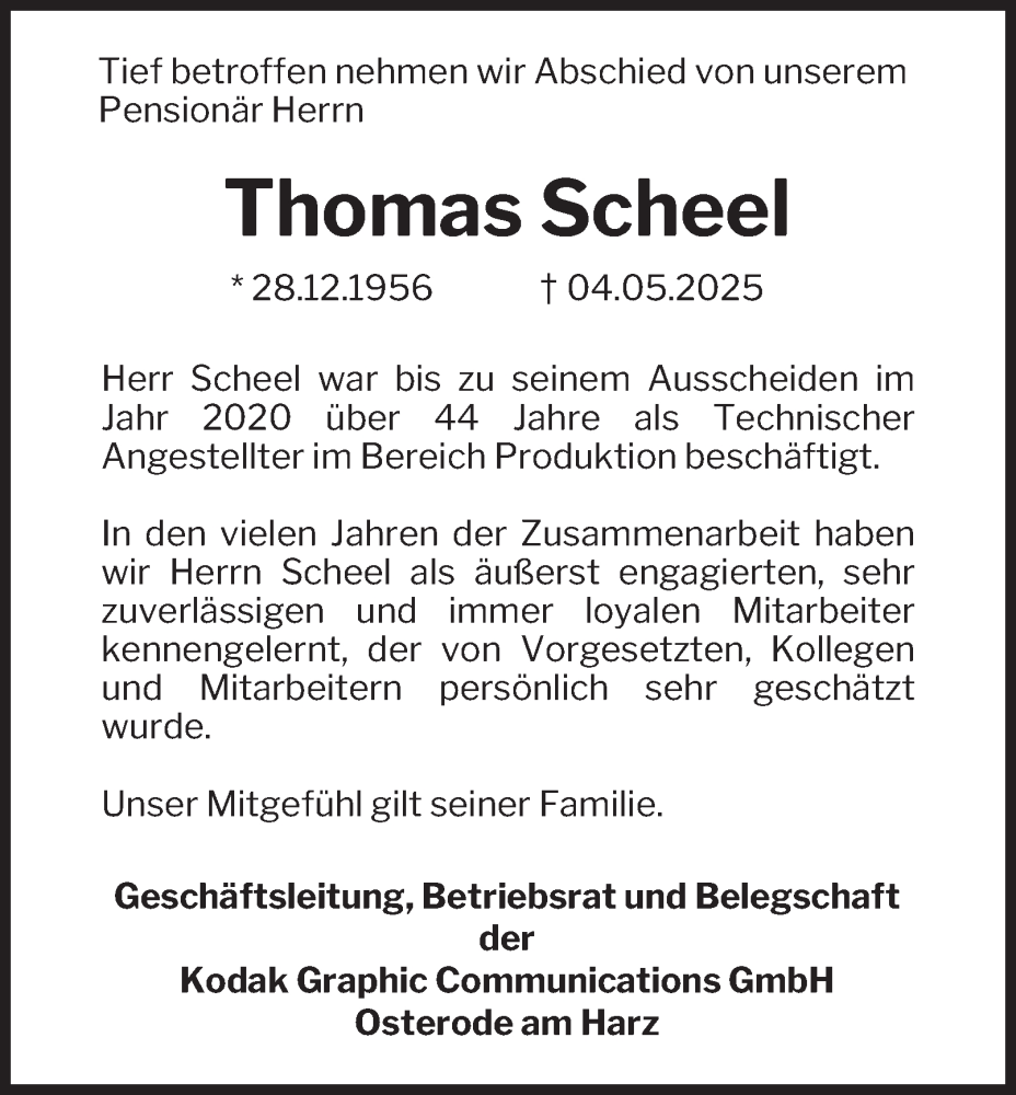  Traueranzeige für Thomas Scheel vom 28.05.2025 aus Harz Kurier