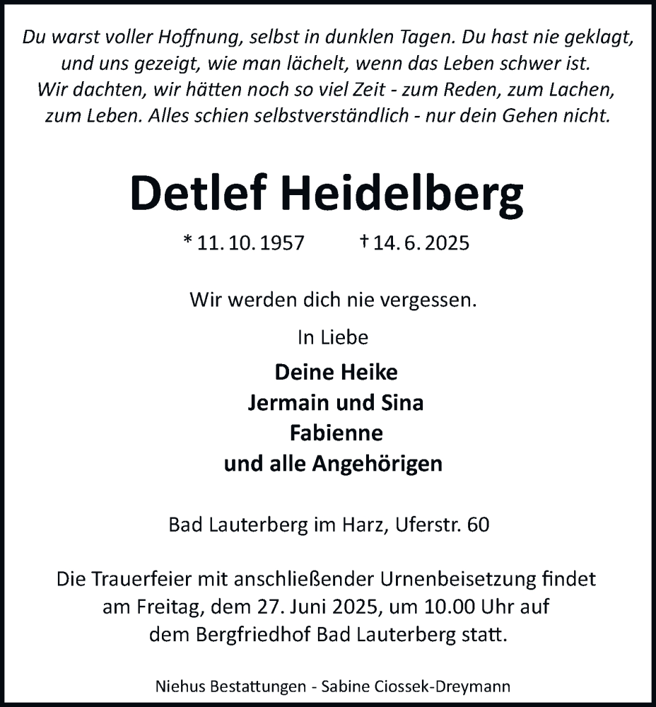  Traueranzeige für Detlef Heidelberg vom 21.06.2025 aus Harz Kurier