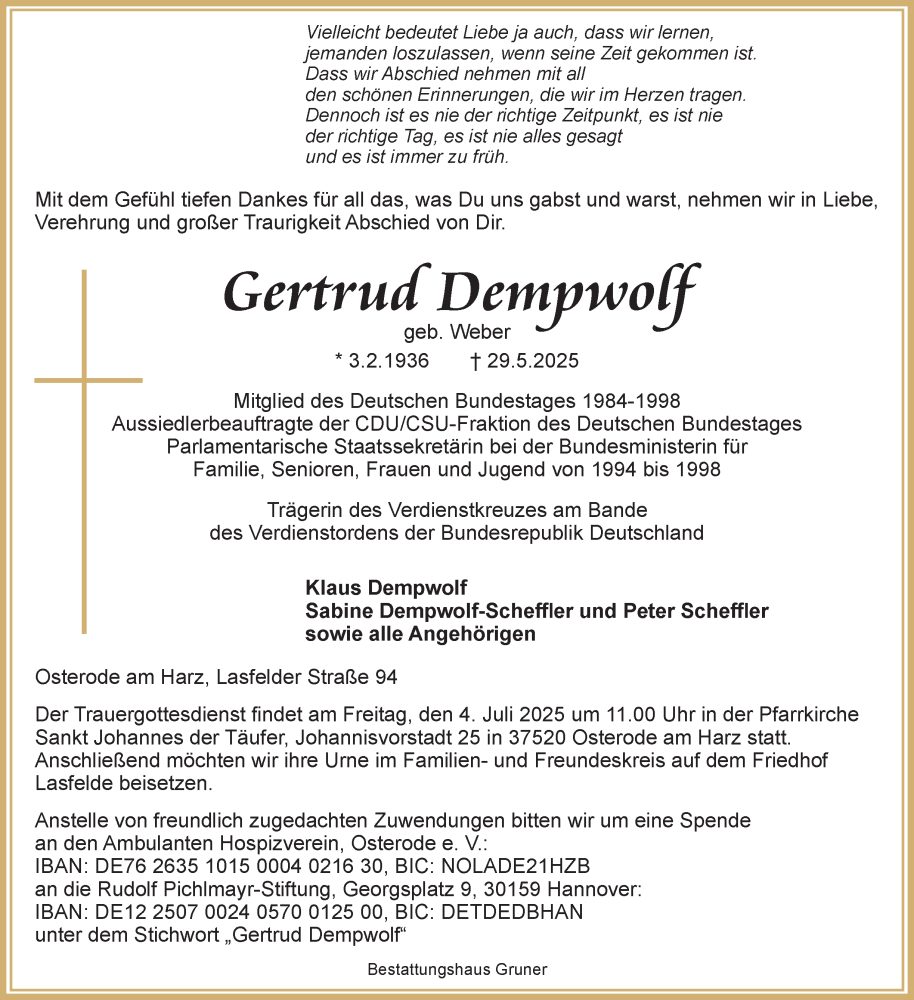  Traueranzeige für Gertrud Dempwolf vom 28.06.2025 aus Harz Kurier