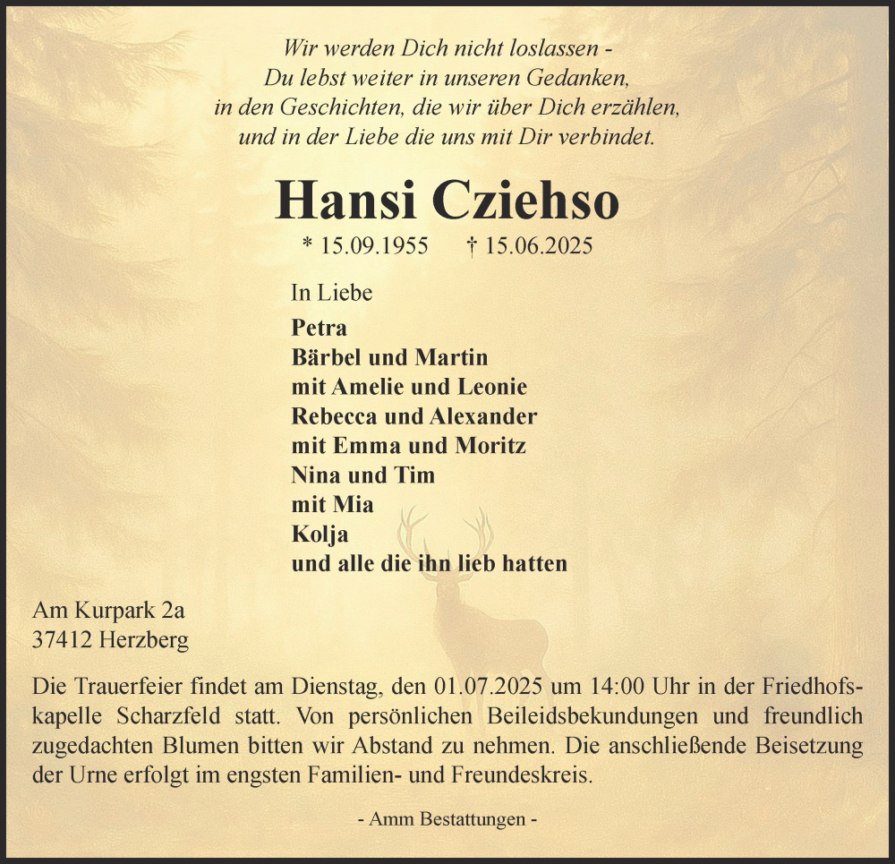  Traueranzeige für Hansi Cziehso vom 21.06.2025 aus Harz Kurier