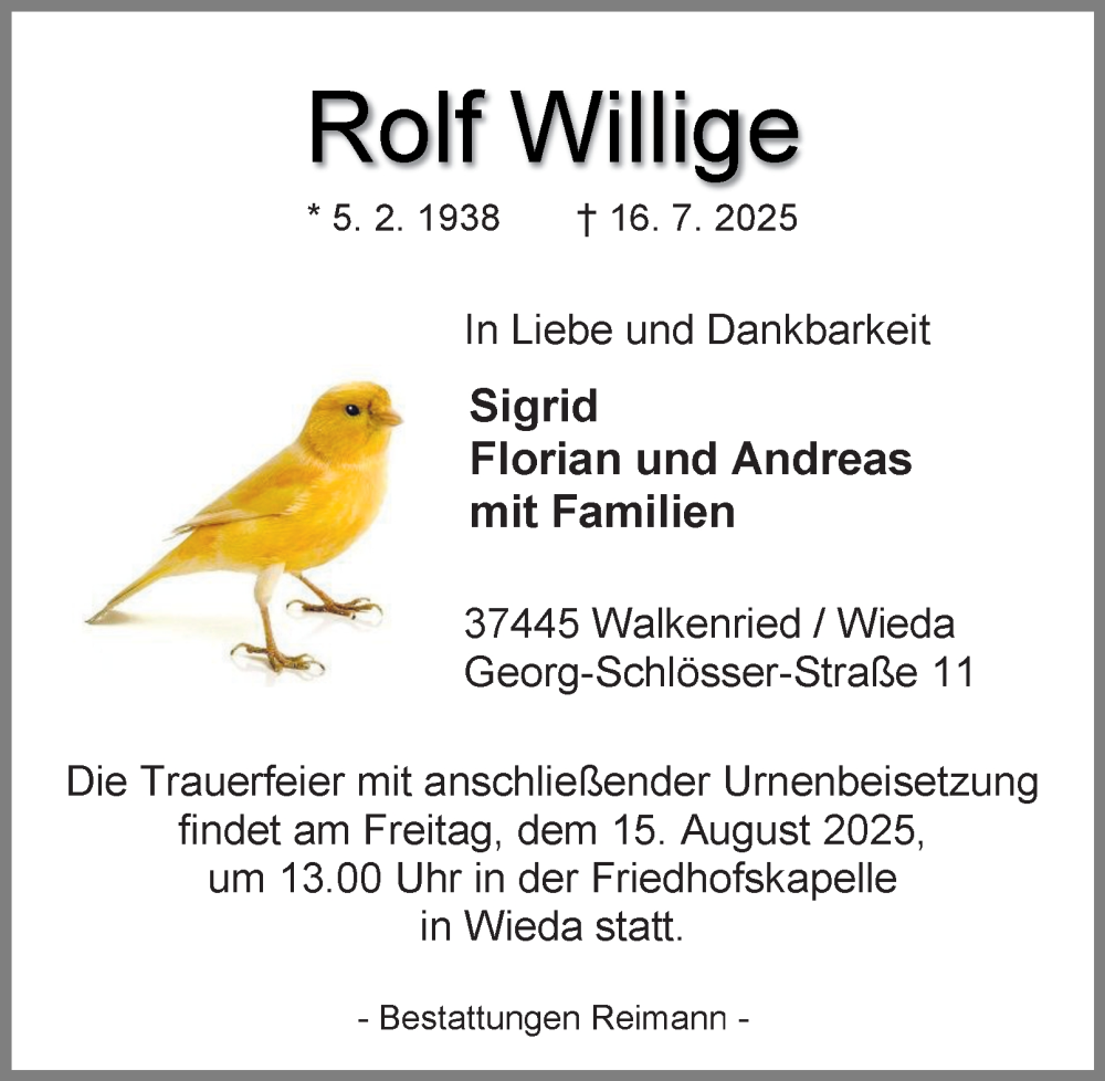  Traueranzeige für Rolf Willige vom 26.07.2025 aus Harz Kurier