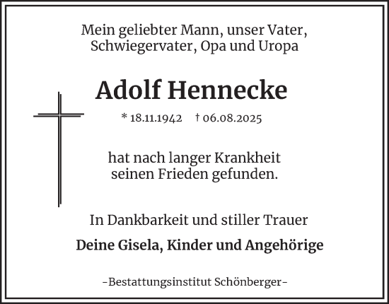 Traueranzeige von Adolf Hennecke von Harz Kurier