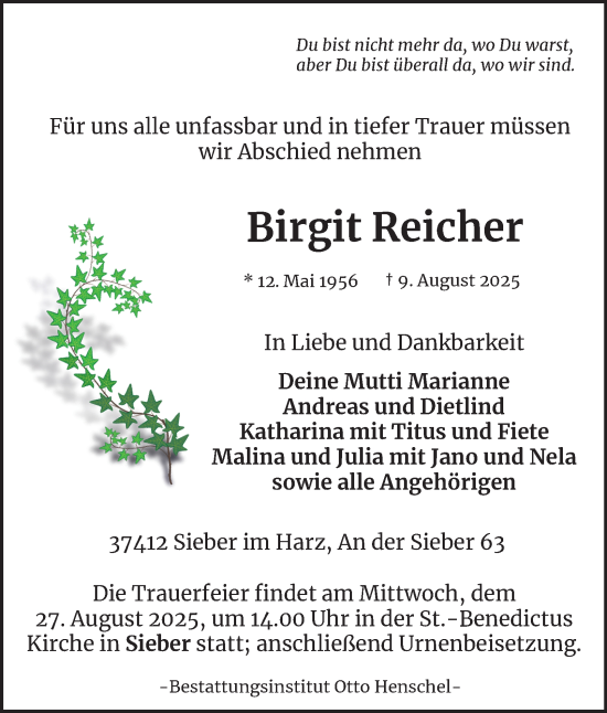 Traueranzeige von Birgit Reicher von Harz Kurier