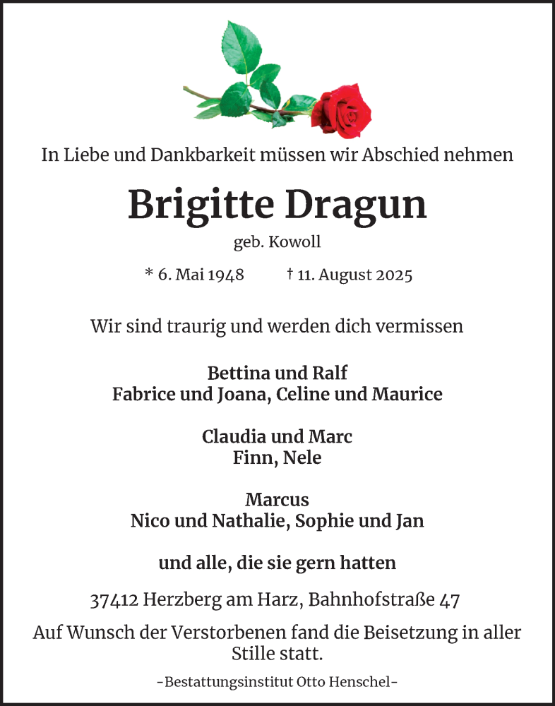  Traueranzeige für Brigitte Dragun vom 23.08.2025 aus Harz Kurier