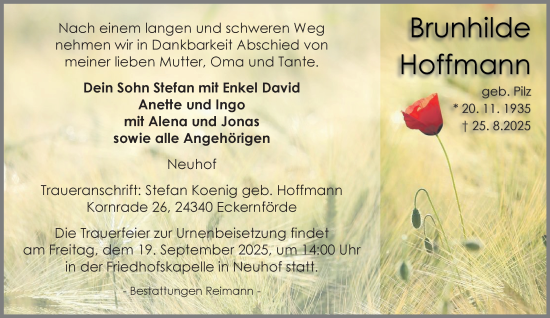 Traueranzeige von Brunhilde Hoffmann von Harz Kurier